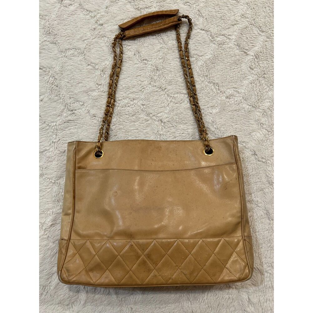 CHANEL Authentic Vintage Quilted Trim Tote 24k Gold Chain w/Auth Card, Sticker